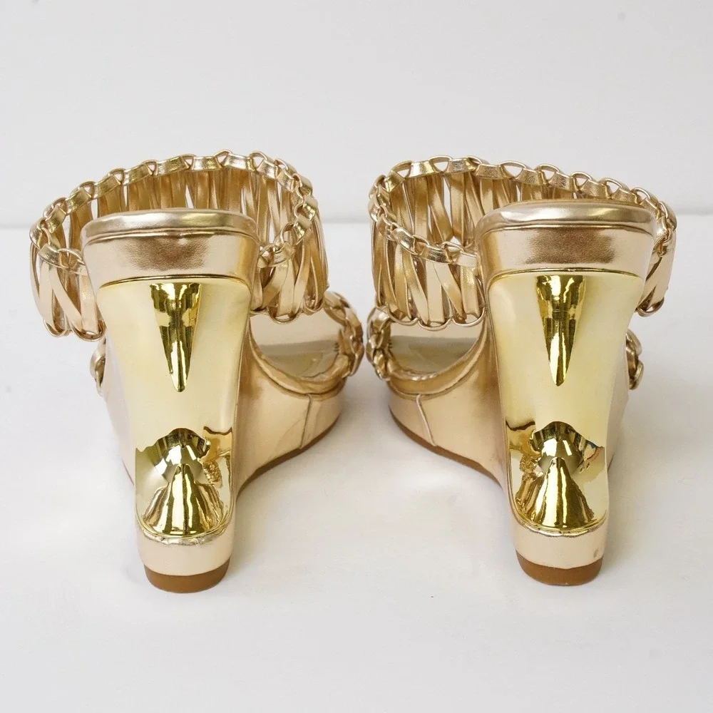 Azalea Wang, Rosamonde Gold Metallic Braided Woven Cutout Wedge Sandals Size 6